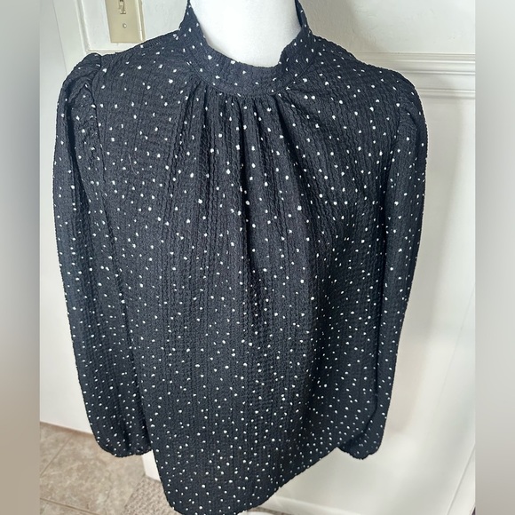 LOFT Dotted knit Puff Sleeve Blouse with Mandarin Collar size  L - Picture 1 of 9